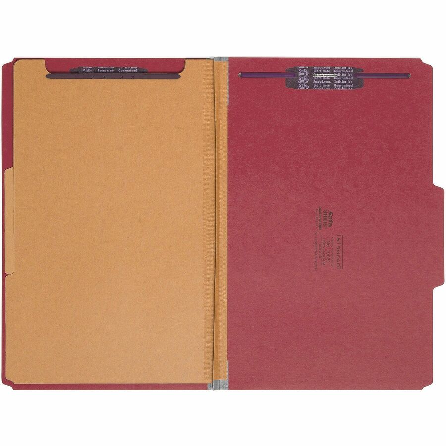 Six-Section Pressboard Top Tab Classification Folders, Six SafeSHIELD Fasteners, 2 Dividers, Legal Size, Bright Red, 10/Box