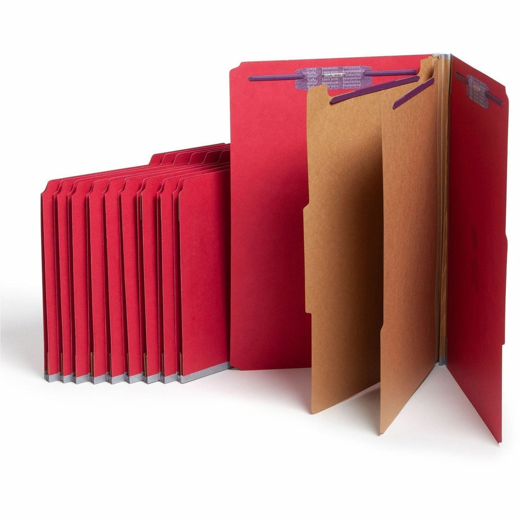 Six-Section Pressboard Top Tab Classification Folders, Six SafeSHIELD Fasteners, 2 Dividers, Legal Size, Bright Red, 10/Box