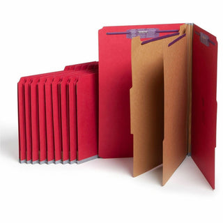 Six-Section Pressboard Top Tab Classification Folders, Six SafeSHIELD Fasteners, 2 Dividers, Legal Size, Bright Red, 10/Box
