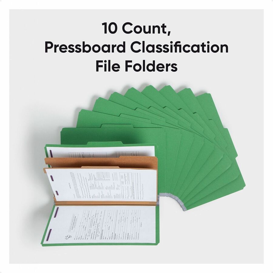 Six-Section Pressboard Top Tab Classification Folders, Six SafeSHIELD Fasteners, 2 Dividers, Legal Size, Green, 10/Box