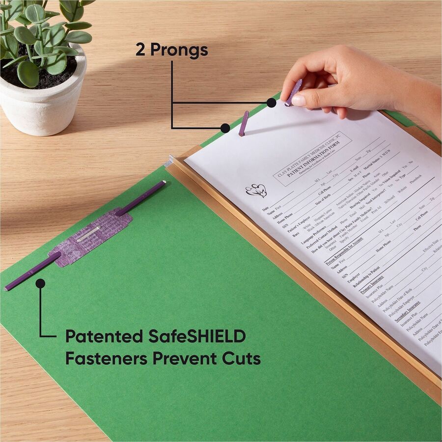 Six-Section Pressboard Top Tab Classification Folders, Six SafeSHIELD Fasteners, 2 Dividers, Legal Size, Green, 10/Box