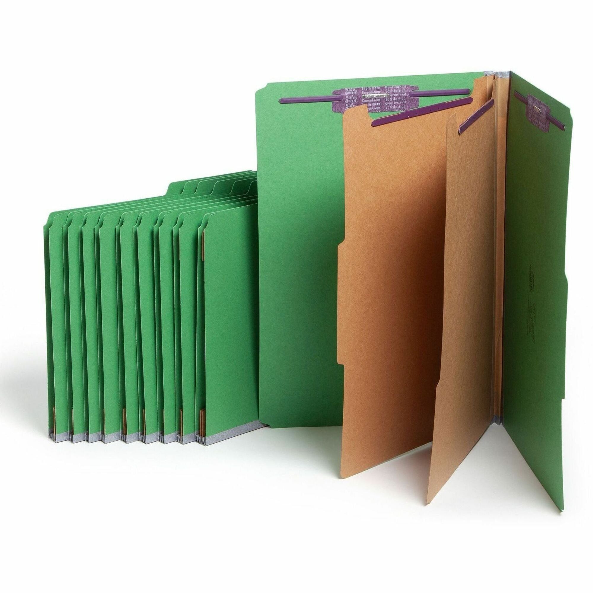 Six-Section Pressboard Top Tab Classification Folders, Six SafeSHIELD Fasteners, 2 Dividers, Legal Size, Green, 10/Box