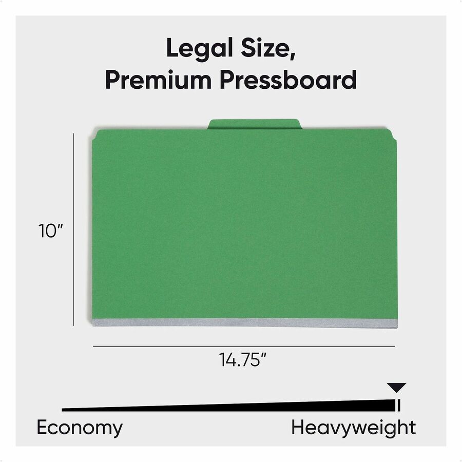 Six-Section Pressboard Top Tab Classification Folders, Six SafeSHIELD Fasteners, 2 Dividers, Legal Size, Green, 10/Box