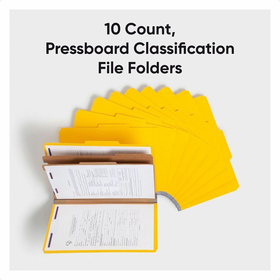 Six-Section Pressboard Top Tab Classification Folders, Six SafeSHIELD Fasteners, 2 Dividers, Legal Size, Yellow, 10/Box