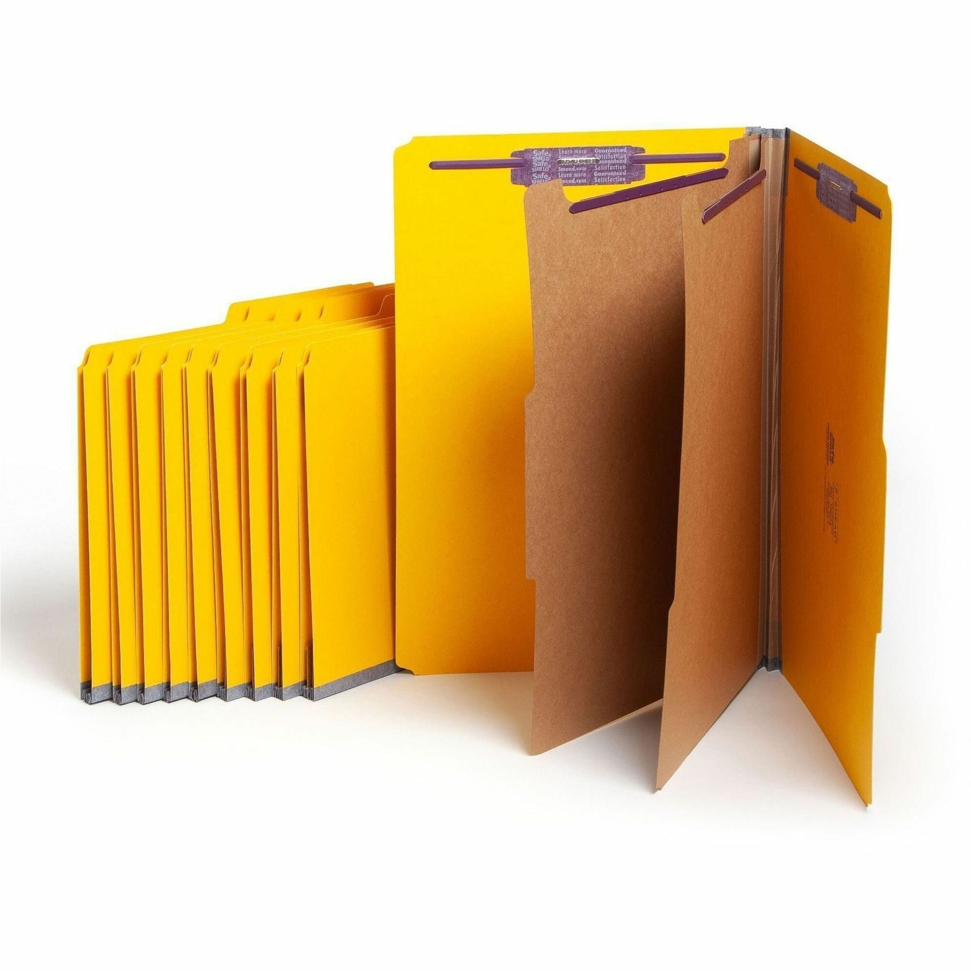 Six-Section Pressboard Top Tab Classification Folders, Six SafeSHIELD Fasteners, 2 Dividers, Legal Size, Yellow, 10/Box