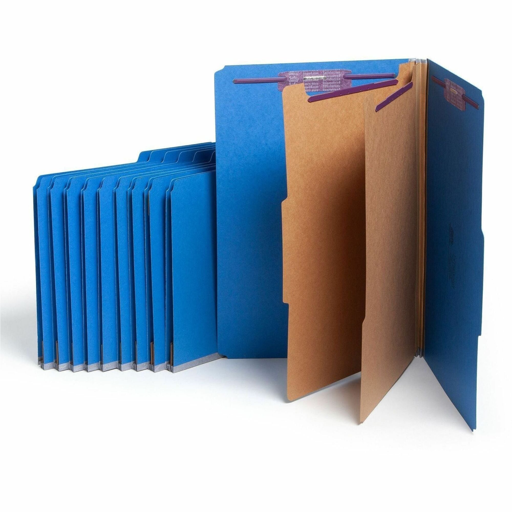 Six-Section Pressboard Top Tab Classification Folders, Six SafeSHIELD Fasteners, 2 Dividers, Legal Size, Dark Blue, 10/Box