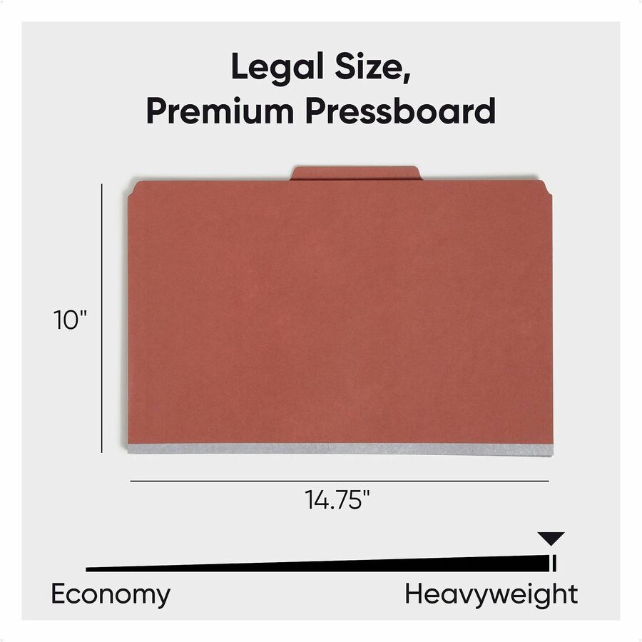 Pressboard Classification Folders, Six SafeSHIELD Fasteners, 2/5-Cut Tabs, 2 Dividers, Legal Size, Red, 10/Box