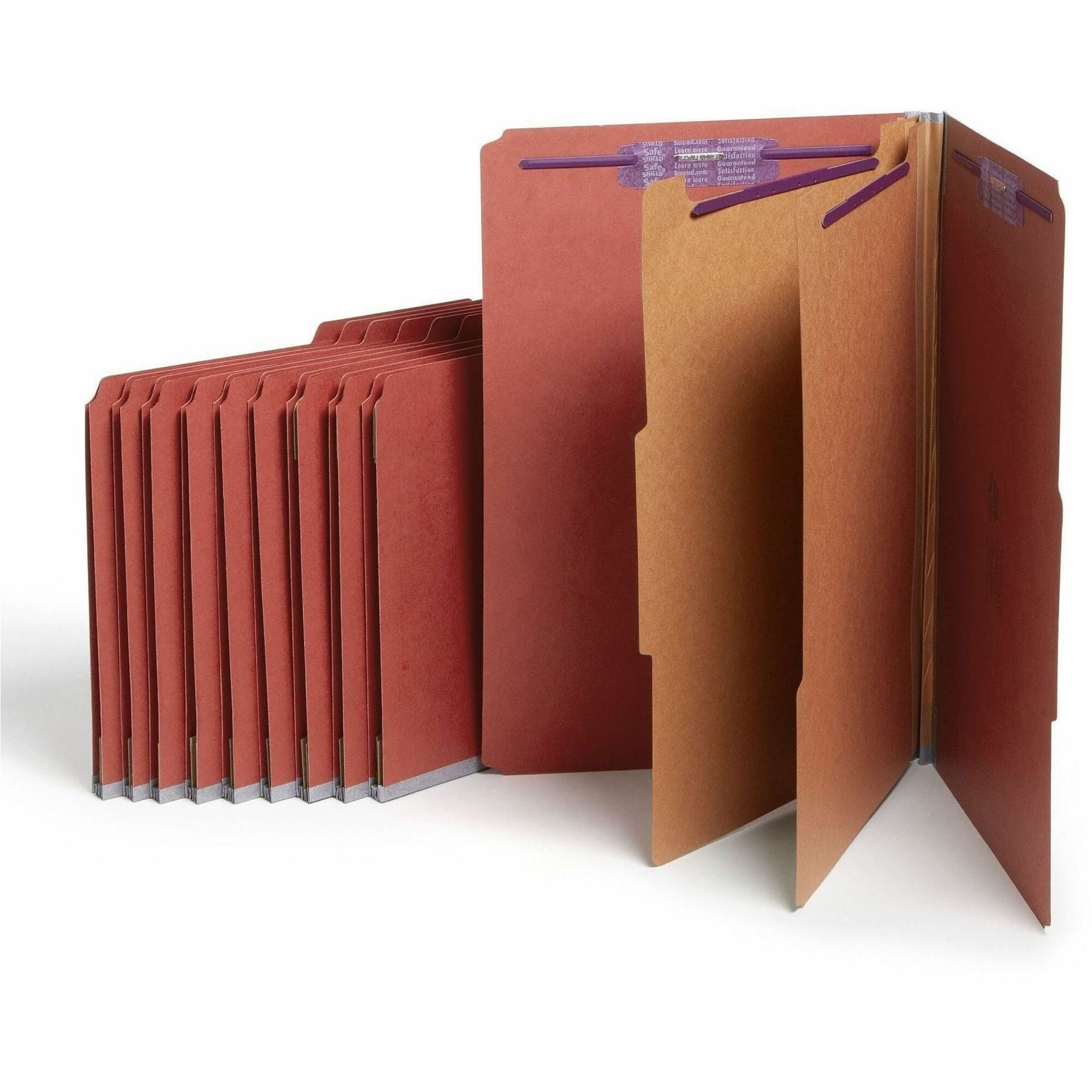 Pressboard Classification Folders, Six SafeSHIELD Fasteners, 2/5-Cut Tabs, 2 Dividers, Legal Size, Red, 10/Box