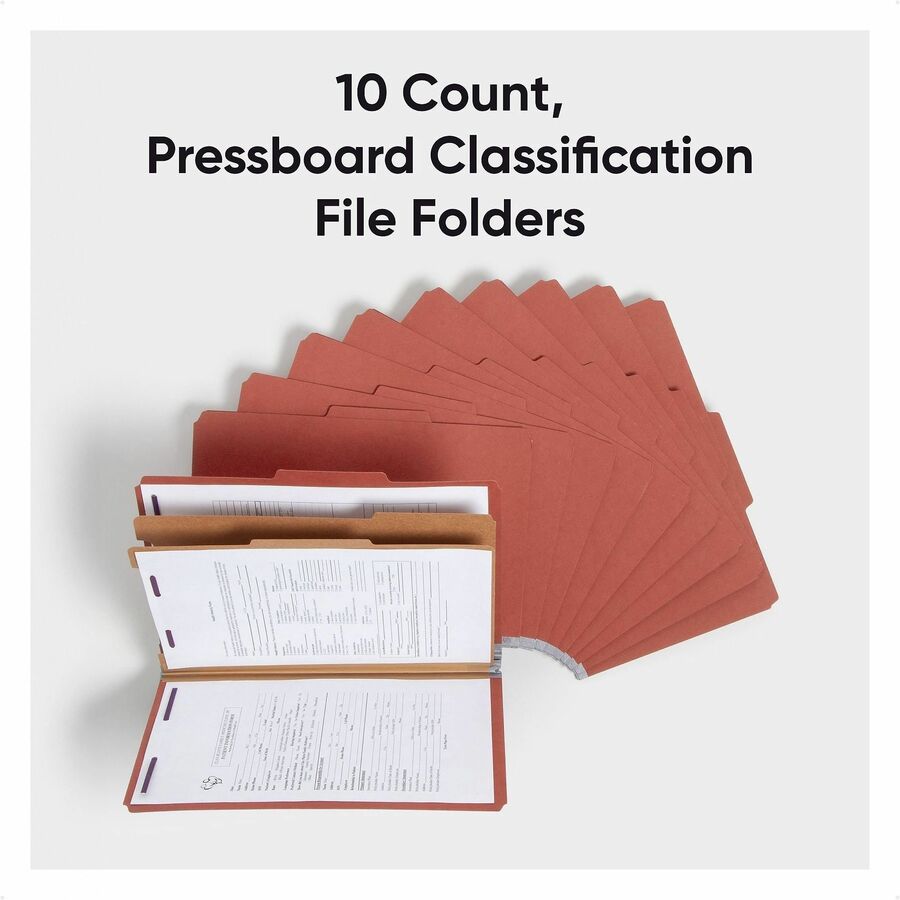 Pressboard Classification Folders, Six SafeSHIELD Fasteners, 2/5-Cut Tabs, 2 Dividers, Legal Size, Red, 10/Box
