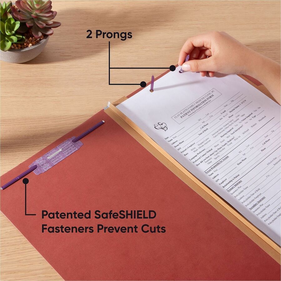 Pressboard Classification Folders, Six SafeSHIELD Fasteners, 2/5-Cut Tabs, 2 Dividers, Legal Size, Red, 10/Box