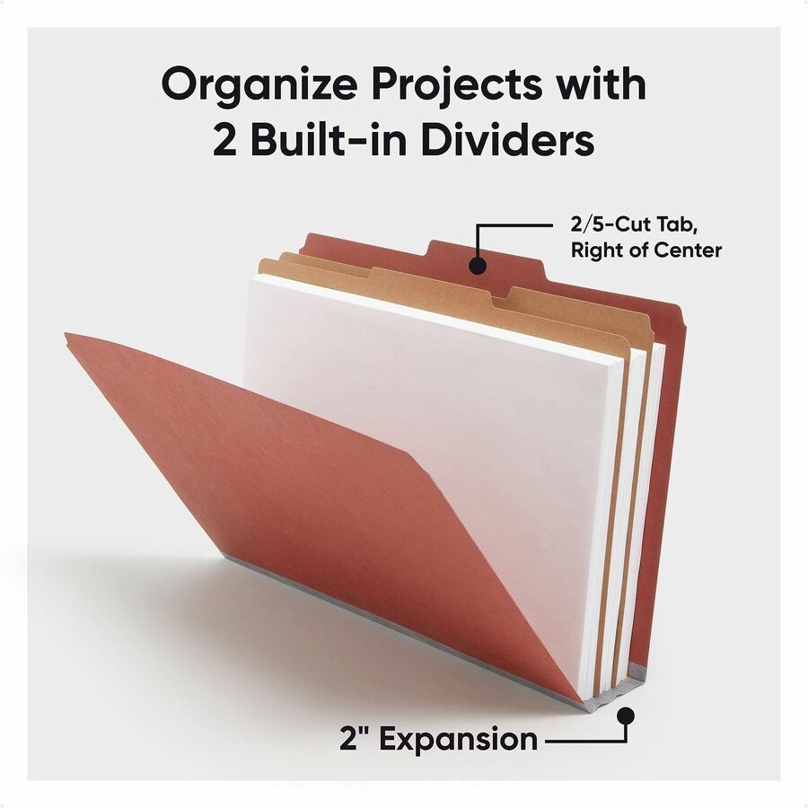 Pressboard Classification Folders, Six SafeSHIELD Fasteners, 2/5-Cut Tabs, 2 Dividers, Legal Size, Red, 10/Box