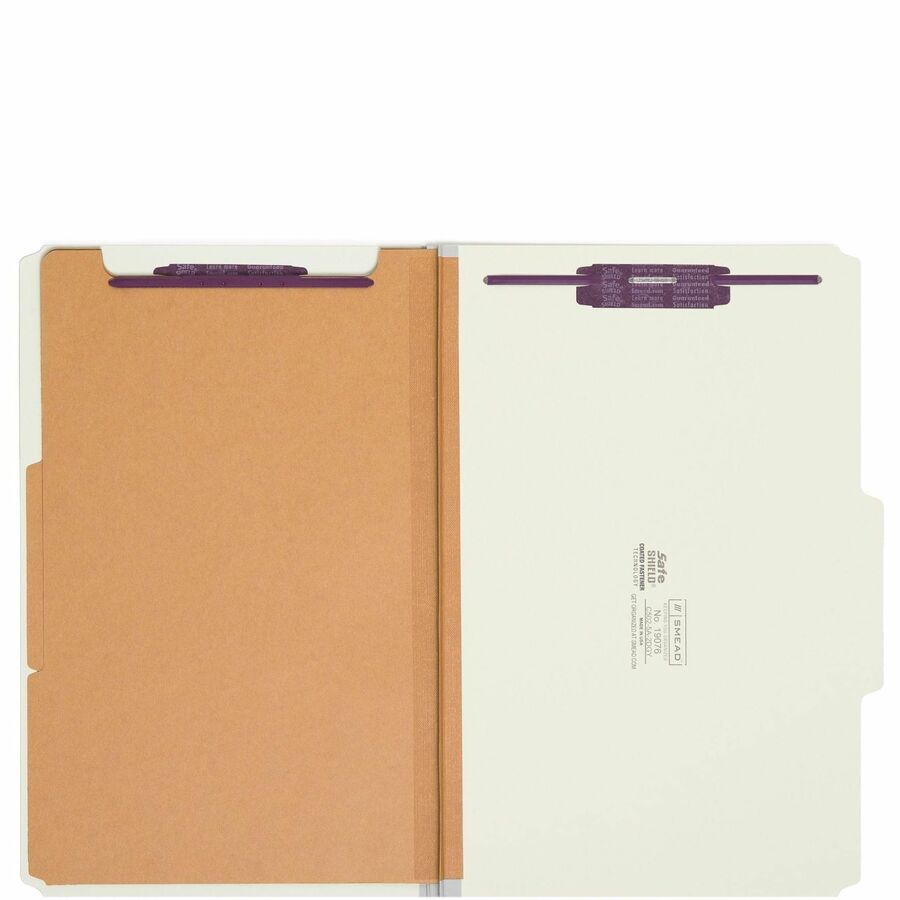 Pressboard Classification Folders, Six SafeSHIELD Fasteners, 2/5-Cut Tabs, 2 Dividers, Legal Size, Gray-Green, 10/Box