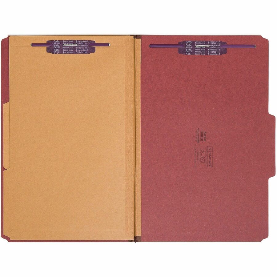 6-Section Pressboard Top Tab Pocket Classification Folders, 6 SafeSHIELD Fasteners, 2 Dividers, Legal Size, Red, 10/Box