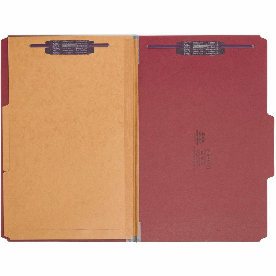 6-Section Pressboard Top Tab Pocket Classification Folders, 6 SafeSHIELD Fasteners, 2 Dividers, Legal Size, Bright Red, 10/BX