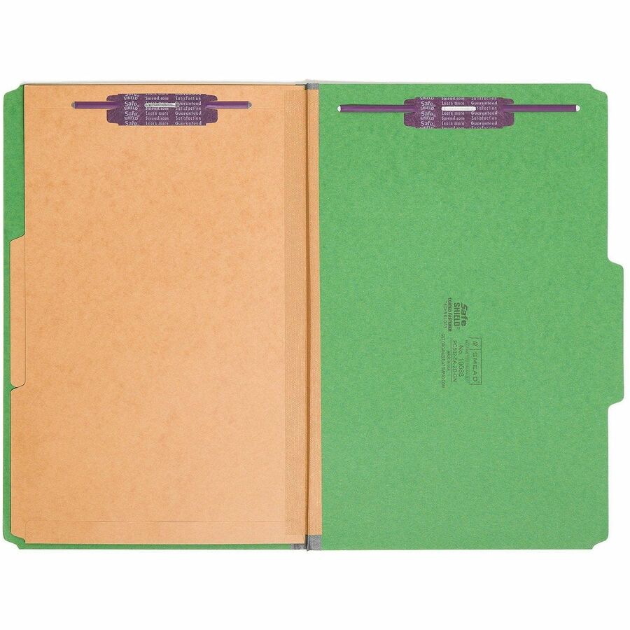 6-Section Pressboard Top Tab Pocket Classification Folders, 6 SafeSHIELD Fasteners, 2 Dividers, Legal Size, Green, 10/Box