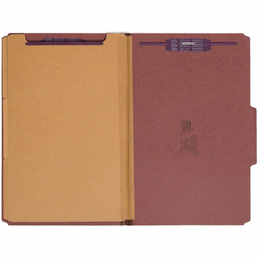 Pressboard Classification Folders, Eight SafeSHIELD Fasteners, 2/5-Cut Tabs, 3 Dividers, Legal Size, Red, 10/Box