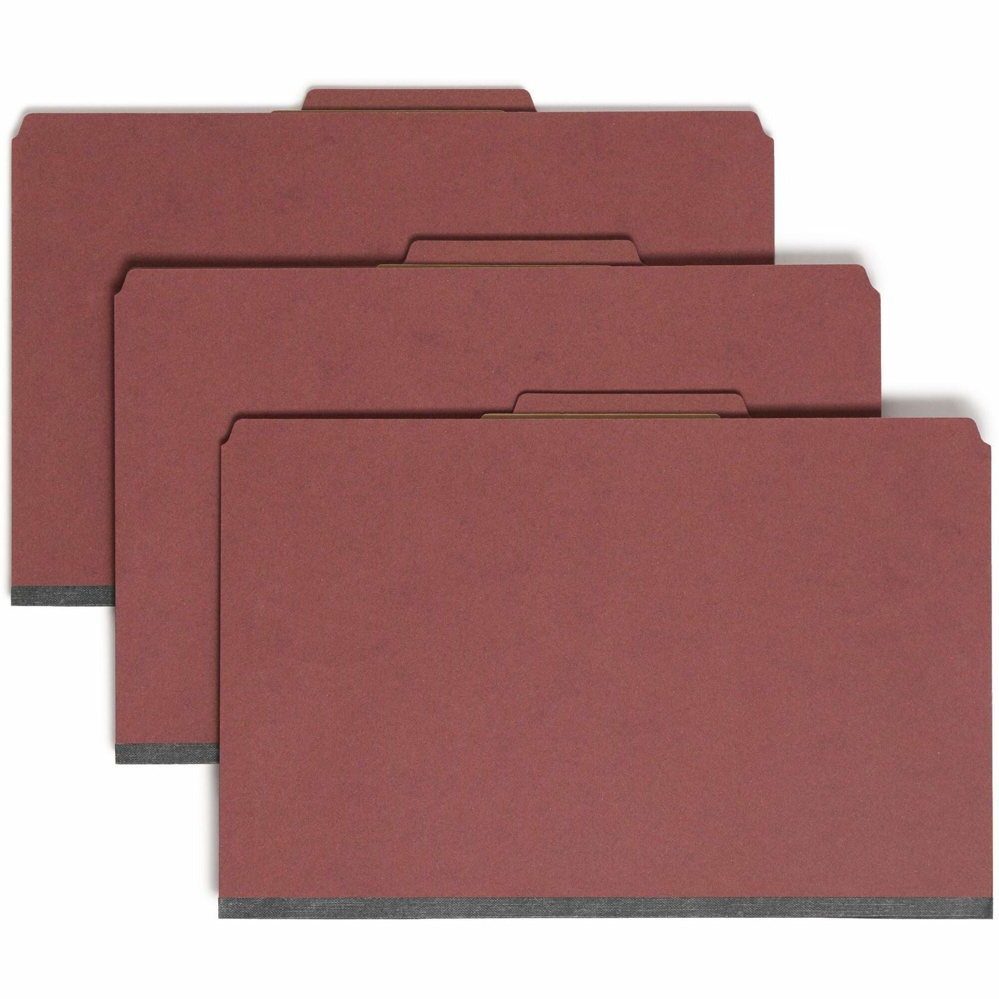 Pressboard Classification Folders, Eight SafeSHIELD Fasteners, 2/5-Cut Tabs, 3 Dividers, Legal Size, Red, 10/Box
