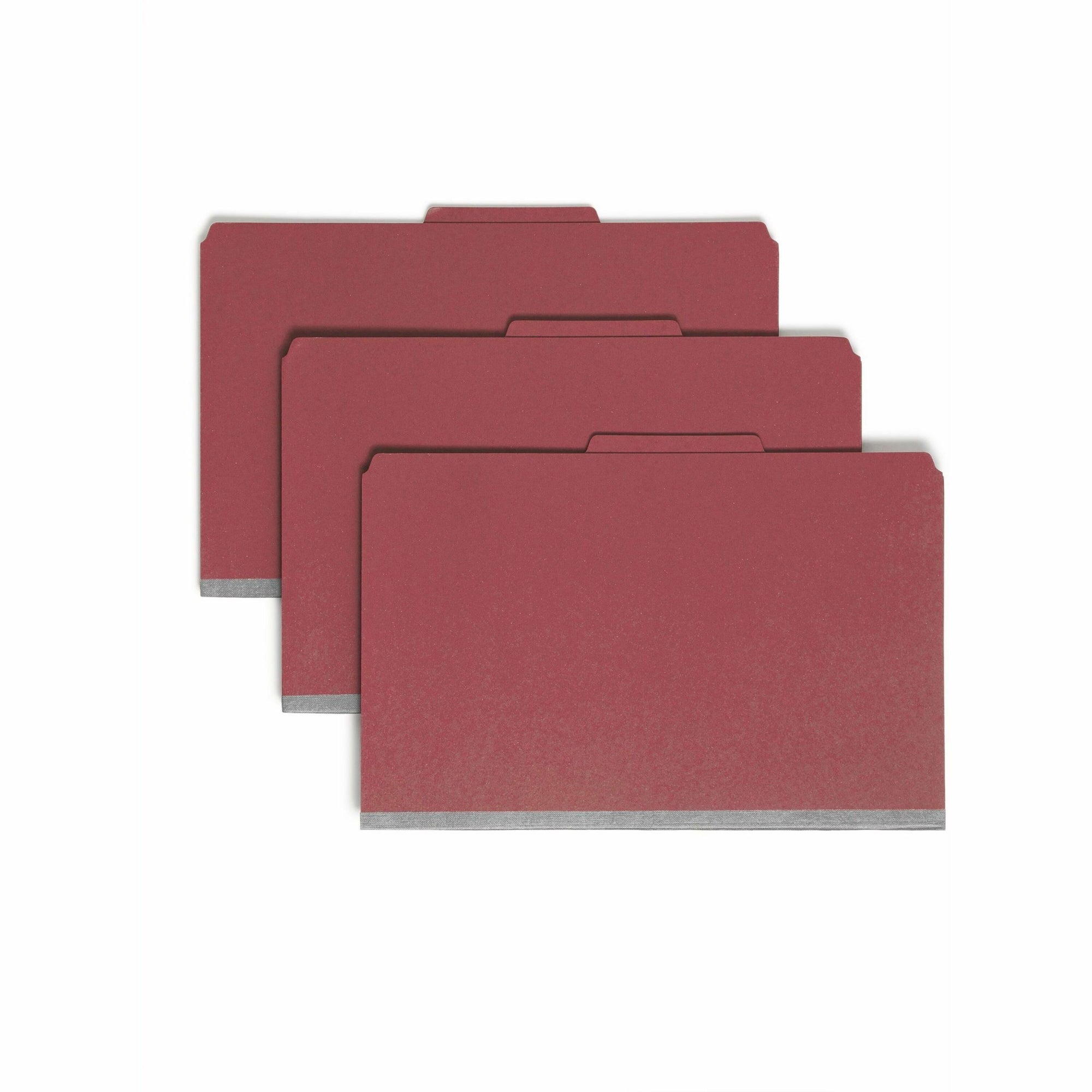 Eight-Section Pressboard Top Tab Classification Folders, 8 SafeSHIELD Fasteners, 3 Dividers, Legal Size, Bright Red, 10/Box