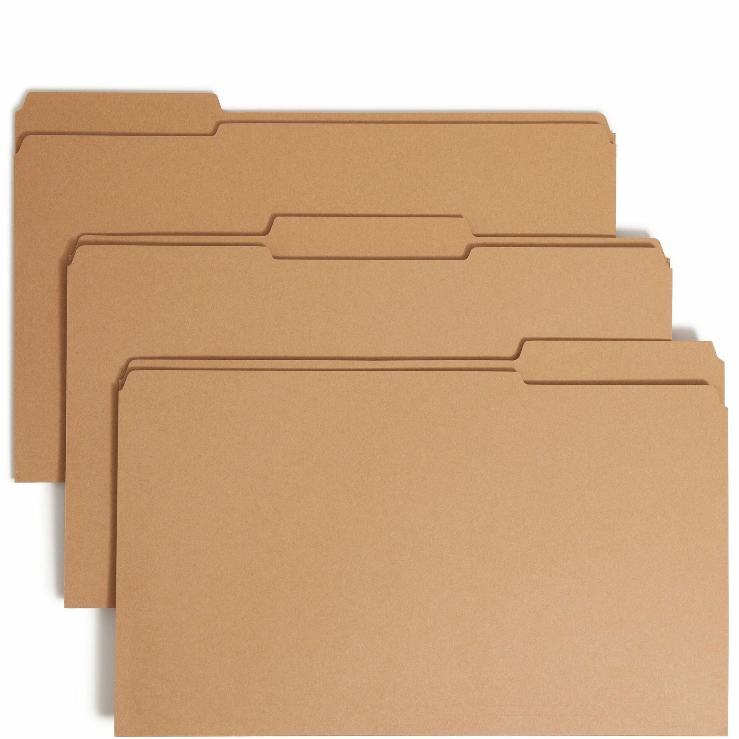 Smead 1/3 Tab Cut Legal Recycled Fastener Folder - 8 1/2" x 14" - 3/4" Expansion - 1 x 2K Fastener(s) - 2" Fastener Capacity for Folder - Top Tab Location - Assorted Position Tab Position - Kraft - Kraft - 10% Recycled - 50 / Box