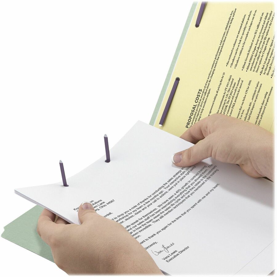 Recycled Pressboard Folders, Two SafeSHIELD Coated Fasteners, 2/5-Cut: R of C, 2" Expansion, Legal Size, Gray-Green, 25/Box