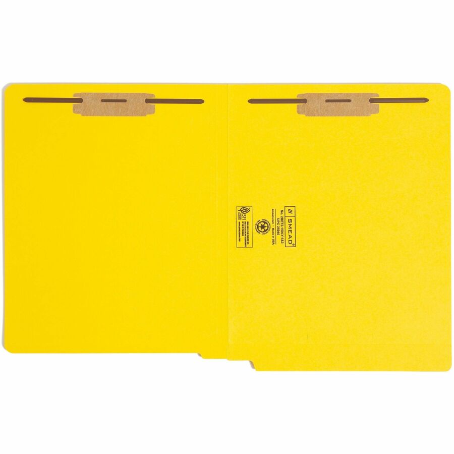 Heavyweight Colored End Tab Fastener Folders, 0.75" Expansion, 2 Fasteners, Letter Size, Yellow Exterior, 50/Box