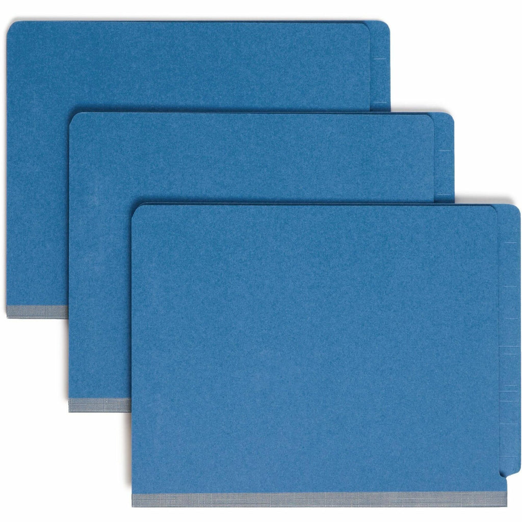 End Tab Pressboard Classification Folders, Six SafeSHIELD Fasteners, 2" Expansion, 2 Dividers, Letter Size, Dark Blue, 10/Box