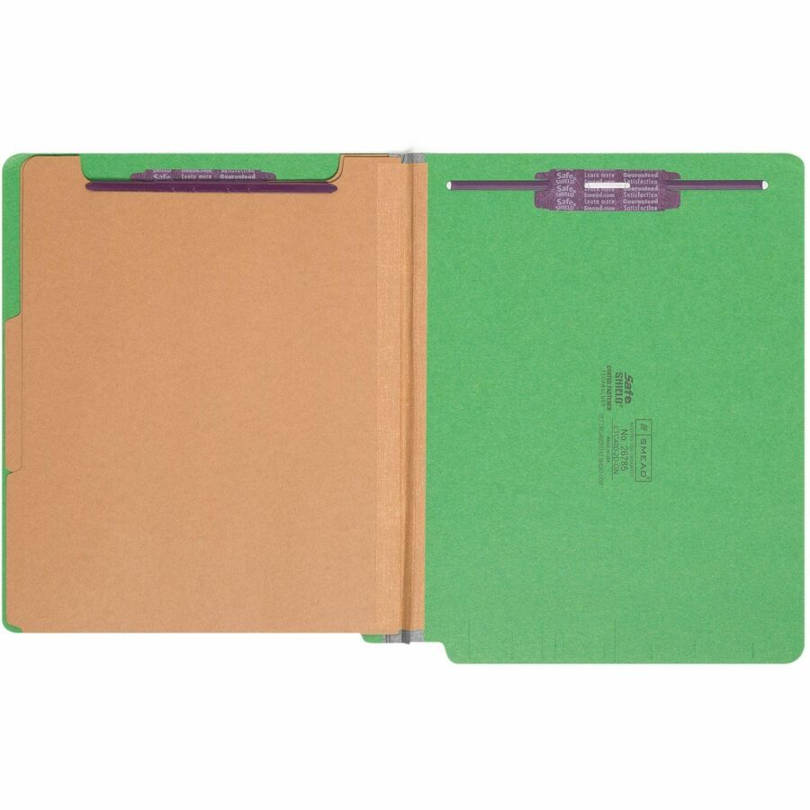 End Tab Pressboard Classification Folders, Six SafeSHIELD Fasteners, 2" Expansion, 2 Dividers, Letter Size, Green, 10/Box