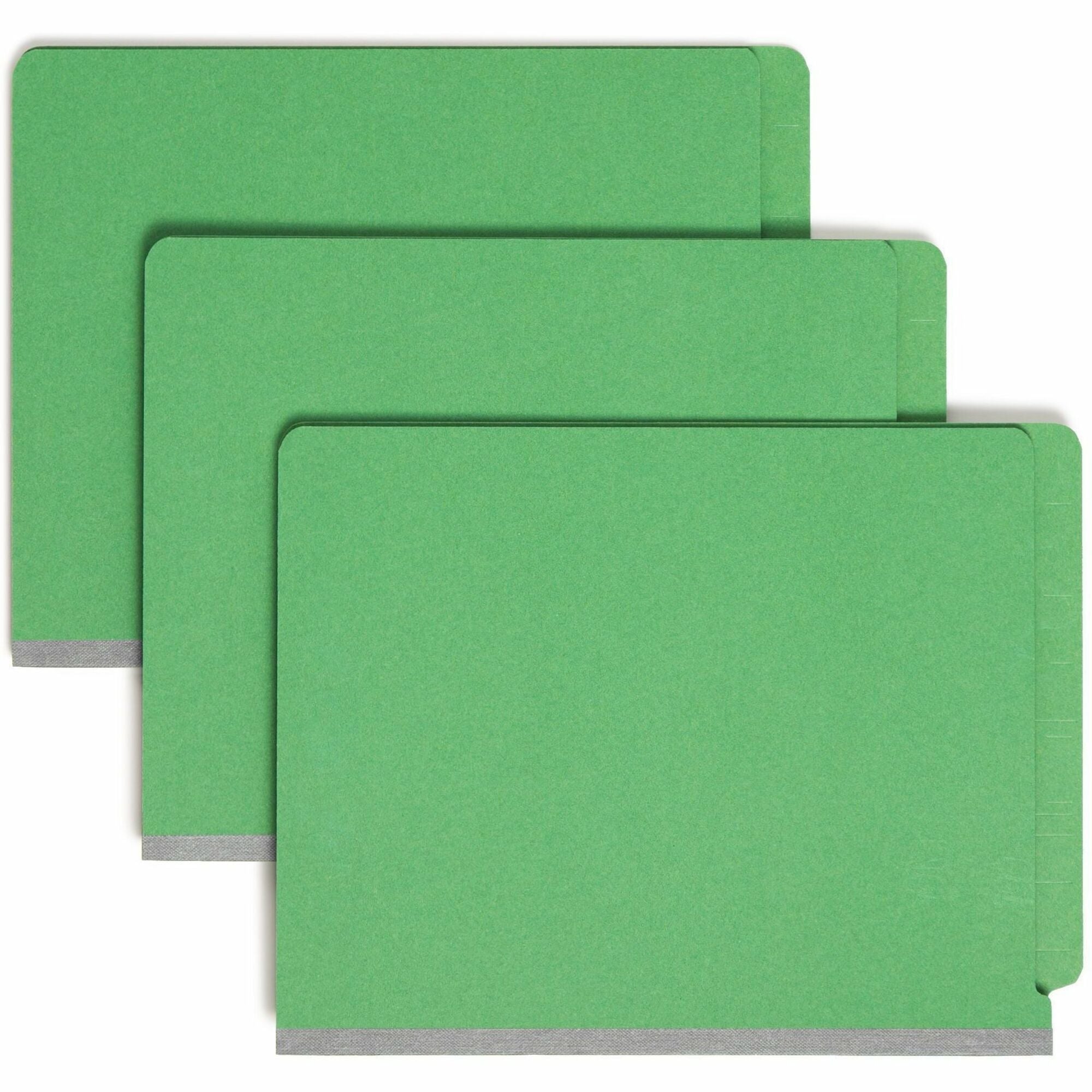 End Tab Pressboard Classification Folders, Six SafeSHIELD Fasteners, 2" Expansion, 2 Dividers, Letter Size, Green, 10/Box
