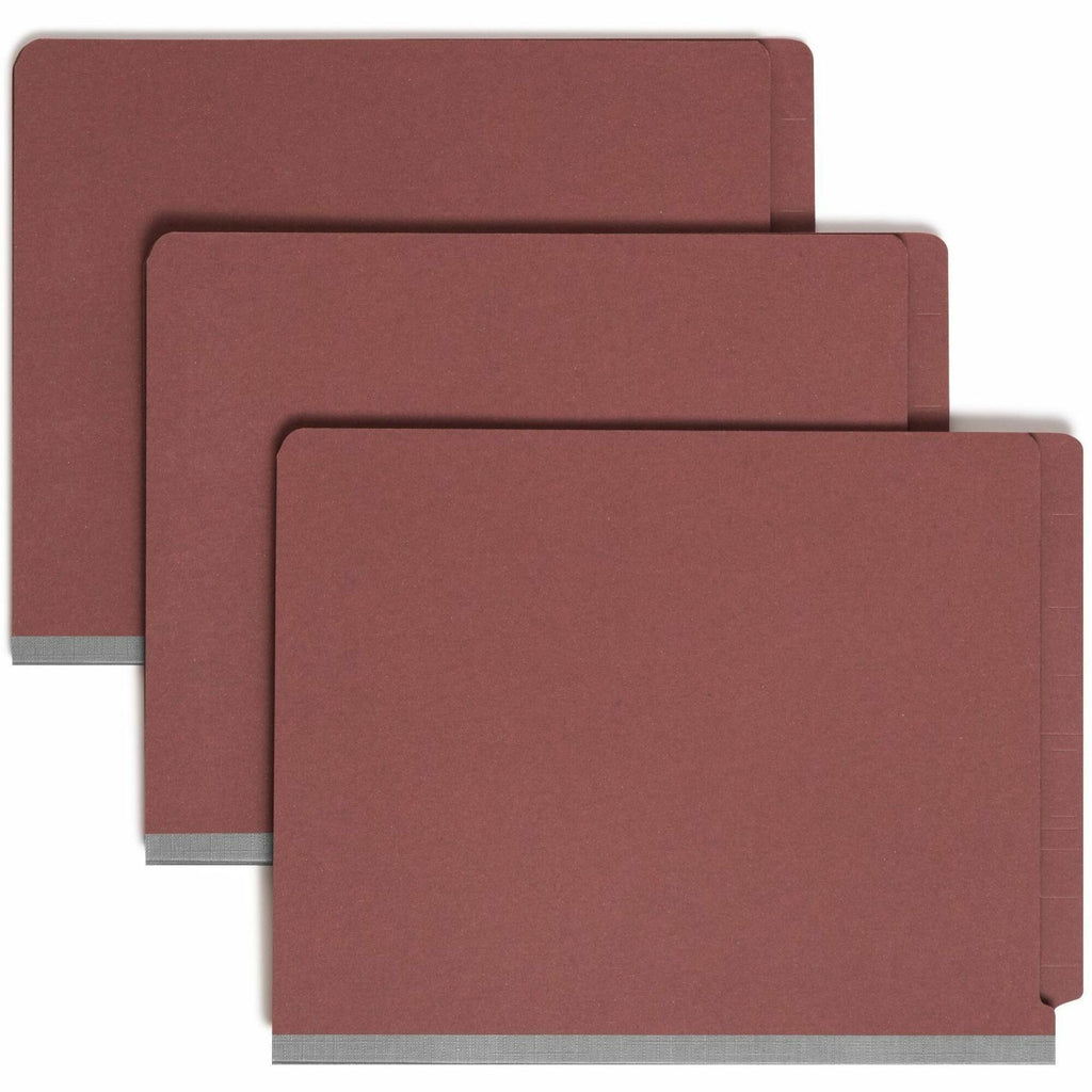 End Tab Pressboard Classification Folders, Eight SafeSHIELD Fasteners, 3" Expansion, 3 Dividers, Letter Size, Red, 10/Box