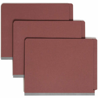 End Tab Pressboard Classification Folders, Eight SafeSHIELD Fasteners, 3" Expansion, 3 Dividers, Letter Size, Red, 10/Box