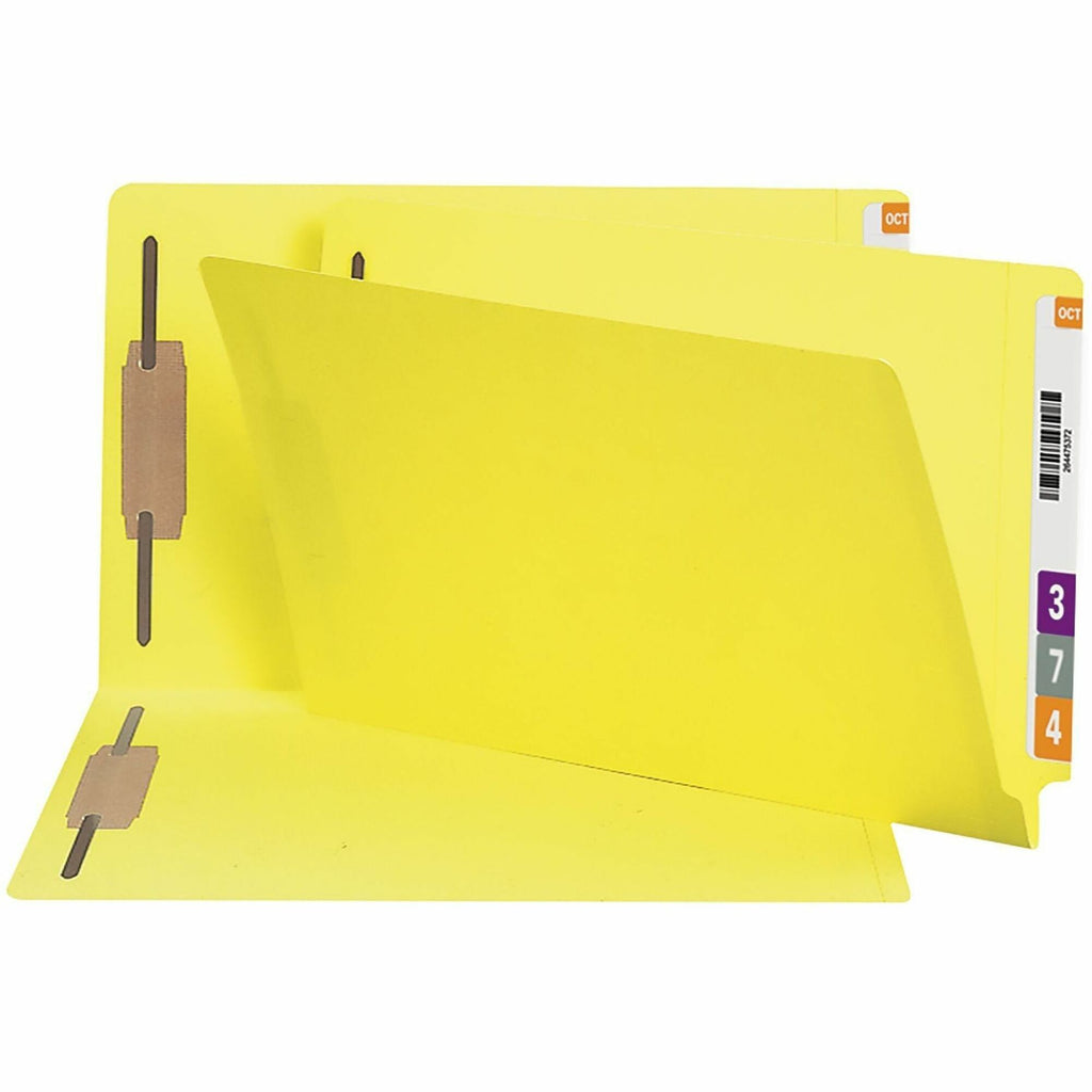 Heavyweight Colored End Tab Fastener Folders, 0.75" Expansion, 2 Fasteners, Legal Size, Yellow Exterior, 50/Box