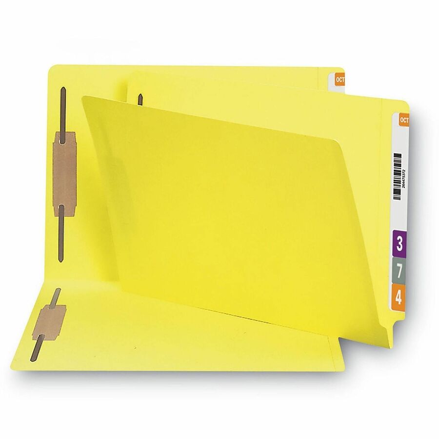 Heavyweight Colored End Tab Fastener Folders, 0.75" Expansion, 2 Fasteners, Legal Size, Yellow Exterior, 50/Box