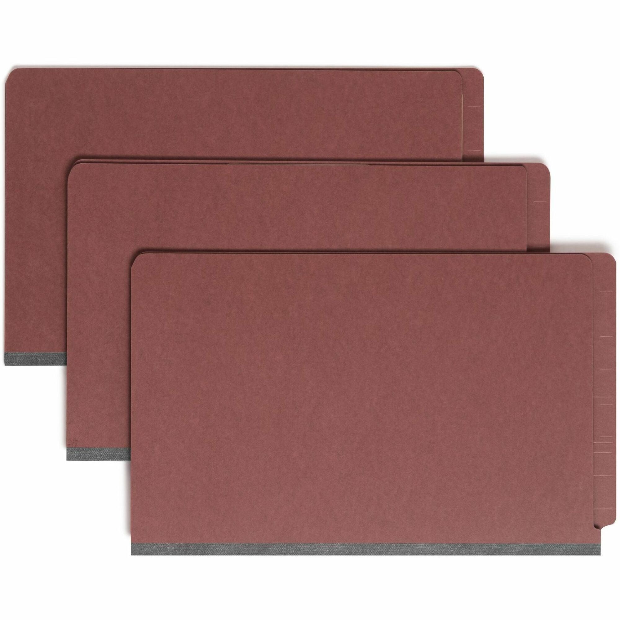 End Tab Pressboard Classification Folders, Six SafeSHIELD Fasteners, 2" Expansion, 2 Dividers, Legal Size, Red, 10/Box
