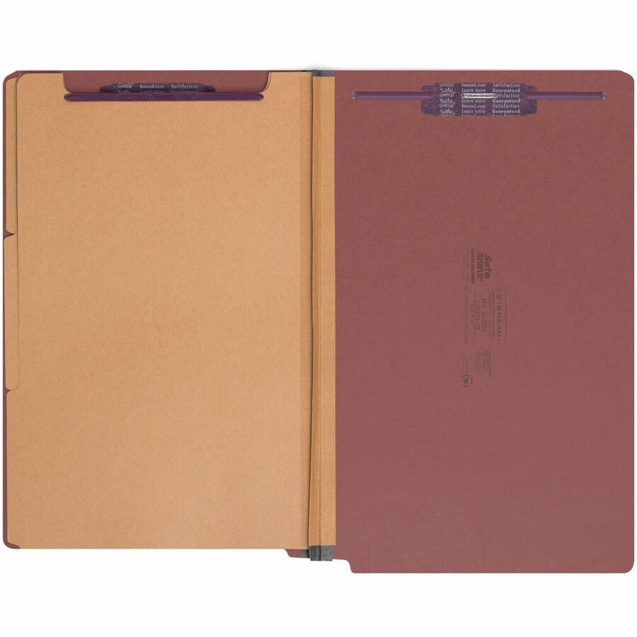 End Tab Pressboard Classification Folders, Eight SafeSHIELD Fasteners, 3" Expansion, 3 Dividers, Legal Size, Red, 10/Box