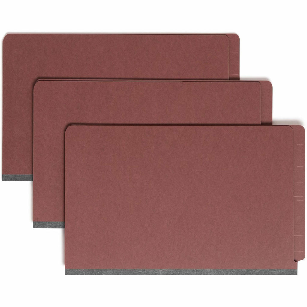 End Tab Pressboard Classification Folders, Eight SafeSHIELD Fasteners, 3" Expansion, 3 Dividers, Legal Size, Red, 10/Box