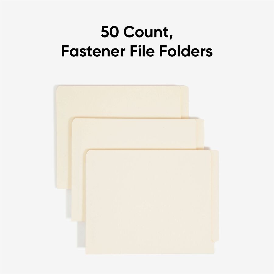End Tab Fastener Folders with Reinforced Straight Tabs, 11-pt Manila, 2 Fasteners, Letter Size, Manila Exterior, 50/Box