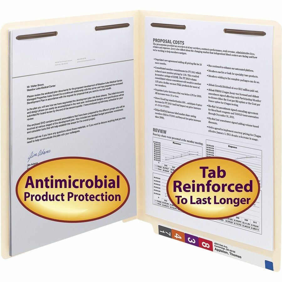 Reinforced End Tab Fastener Folders, Antimicrobial Protection, 0.75" Expansion, 2 Fasteners, Letter Size, Manila, 50/Box