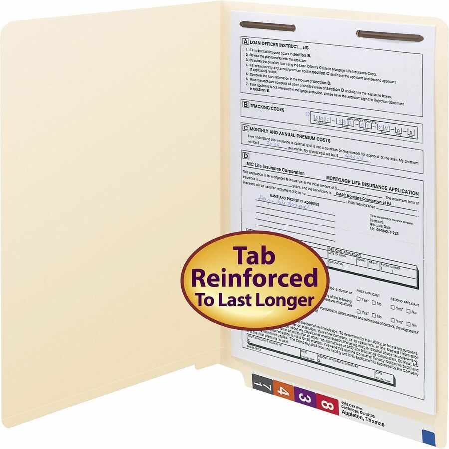 End Tab Fastener Folders with Reinforced Straight Tabs, 11-pt Manila, 1 Fastener, Legal Size, Manila Exterior, 50/Box
