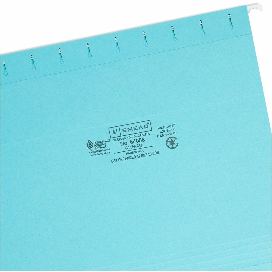 Smead Colored 1/5 Tab Cut Letter Recycled Hanging Folder - 8 1/2" x 11" - Top Tab Location - Assorted Position Tab Position - Aqua - 10% Recycled - 25 / Box