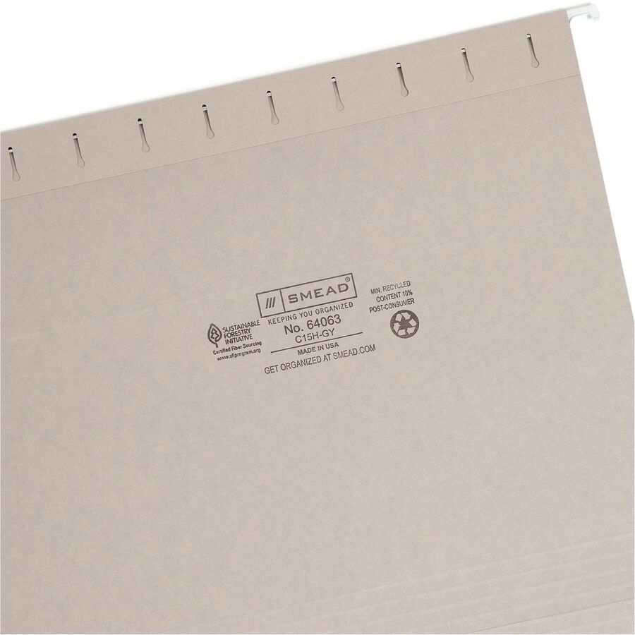 Colored Hanging File Folders with 1/5 Cut Tabs, Letter Size, 1/5-Cut Tabs, Gray, 25/Box