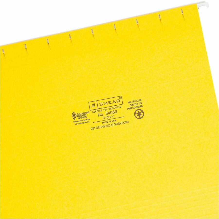 Colored Hanging File Folders with 1/5 Cut Tabs, Letter Size, 1/5-Cut Tabs, Yellow, 25/Box