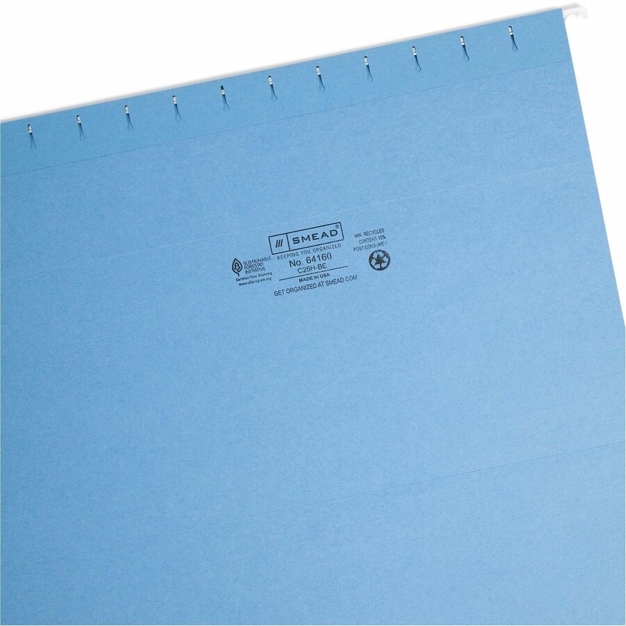 Smead Colored 1/5 Tab Cut Legal Recycled Hanging Folder - 8 1/2" x 14" - Top Tab Location - Assorted Position Tab Position - Vinyl - Blue - 10% Recycled - 25 / Box