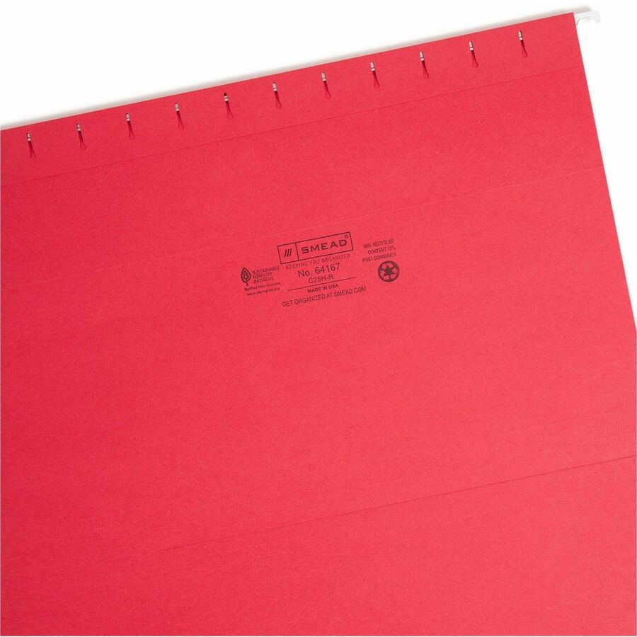Smead Colored 1/5 Tab Cut Legal Recycled Hanging Folder - 8 1/2" x 14" - Top Tab Location - Assorted Position Tab Position - Vinyl - Red - 10% Recycled - 25 / Box