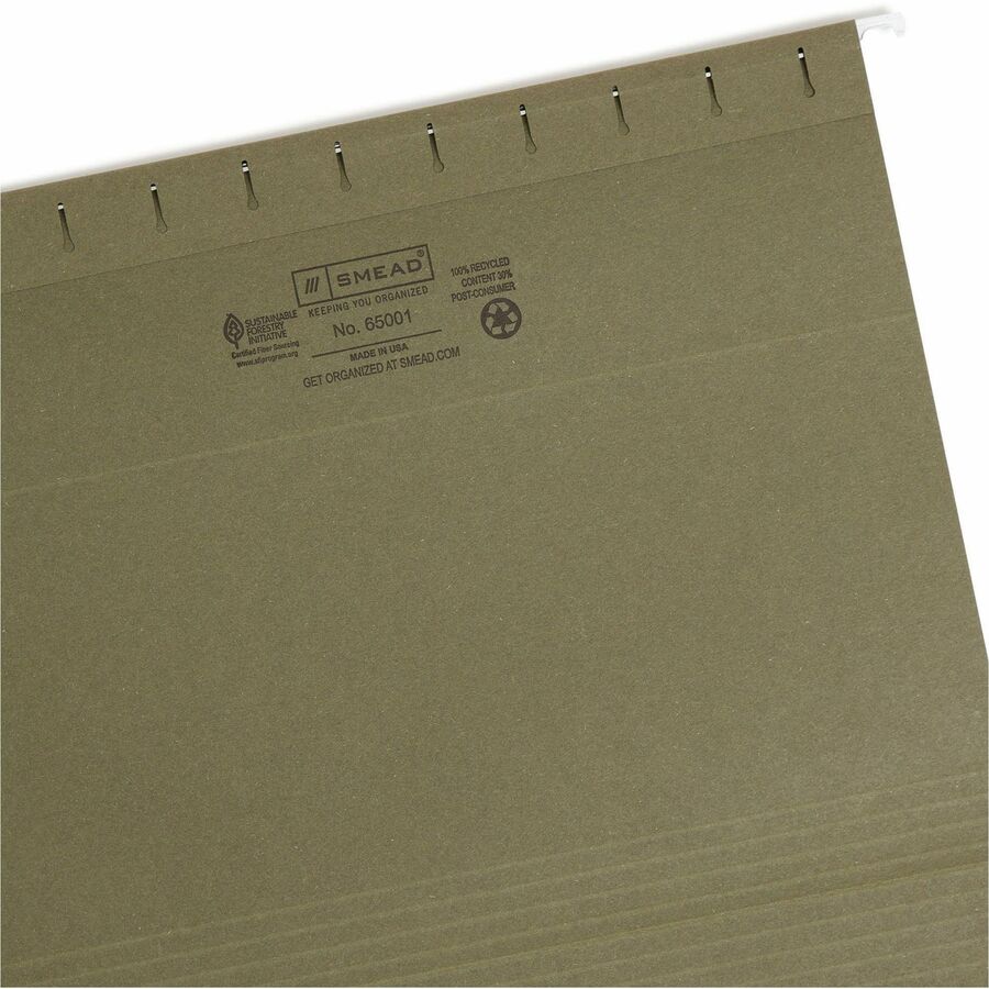 100% Recycled Hanging File Folders, Letter Size, 1/5-Cut Tabs, Standard Green, 25/Box