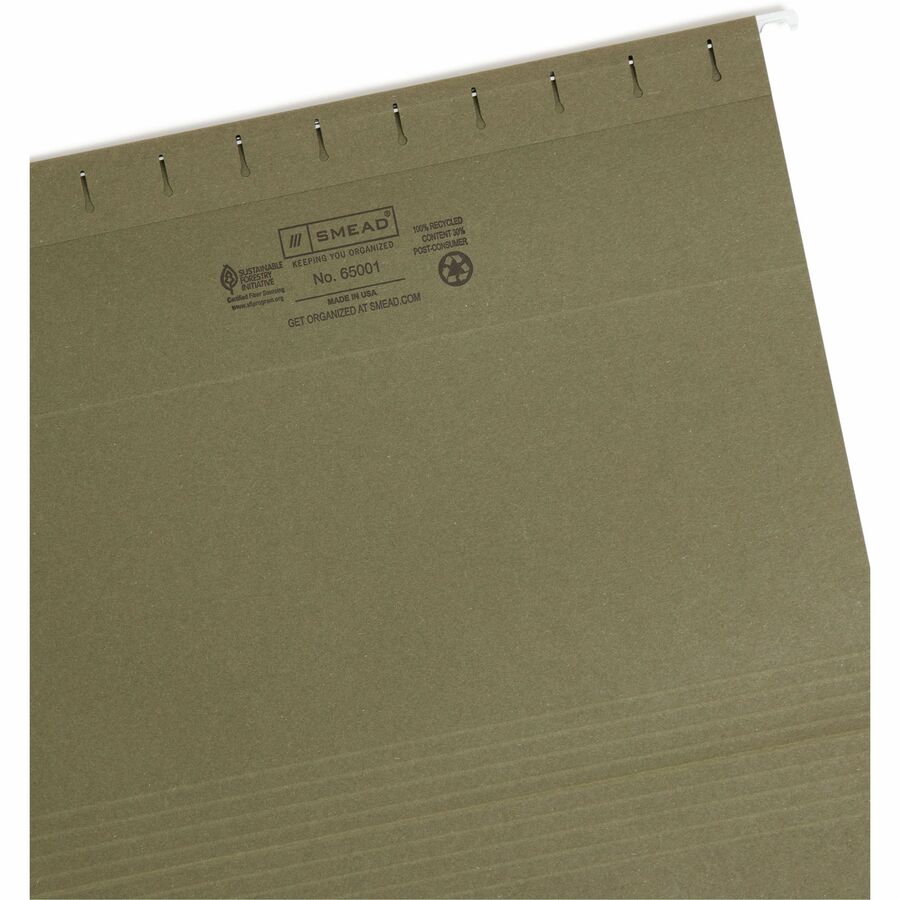 100% Recycled Hanging File Folders, Letter Size, 1/5-Cut Tabs, Standard Green, 25/Box