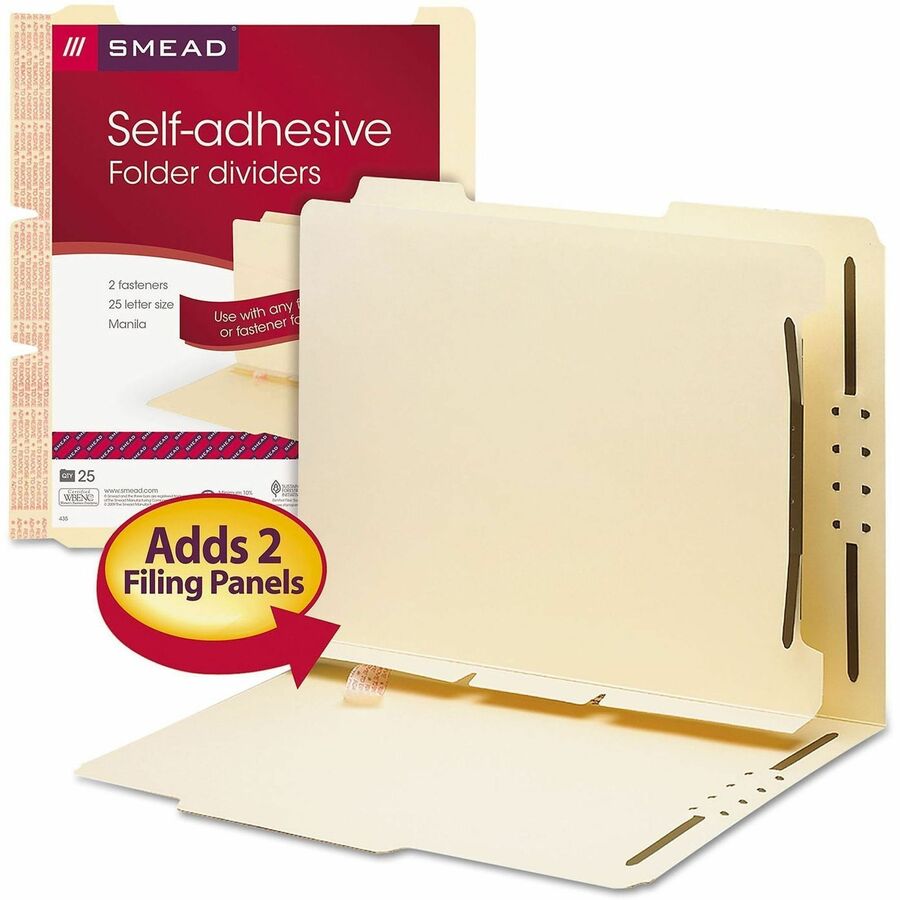 Self-Adhesive Folder Dividers with Twin-Prong Fasteners for Top/End Tab Folders, 1 Fastener, Letter Size, Manila, 25/Pack