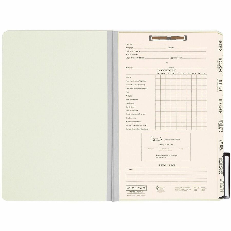 Pressboard Mortgage Folders, 1" Expansion, 8 Dividers, 1 Fastener, Legal Size, Green Exterior, 10/Box