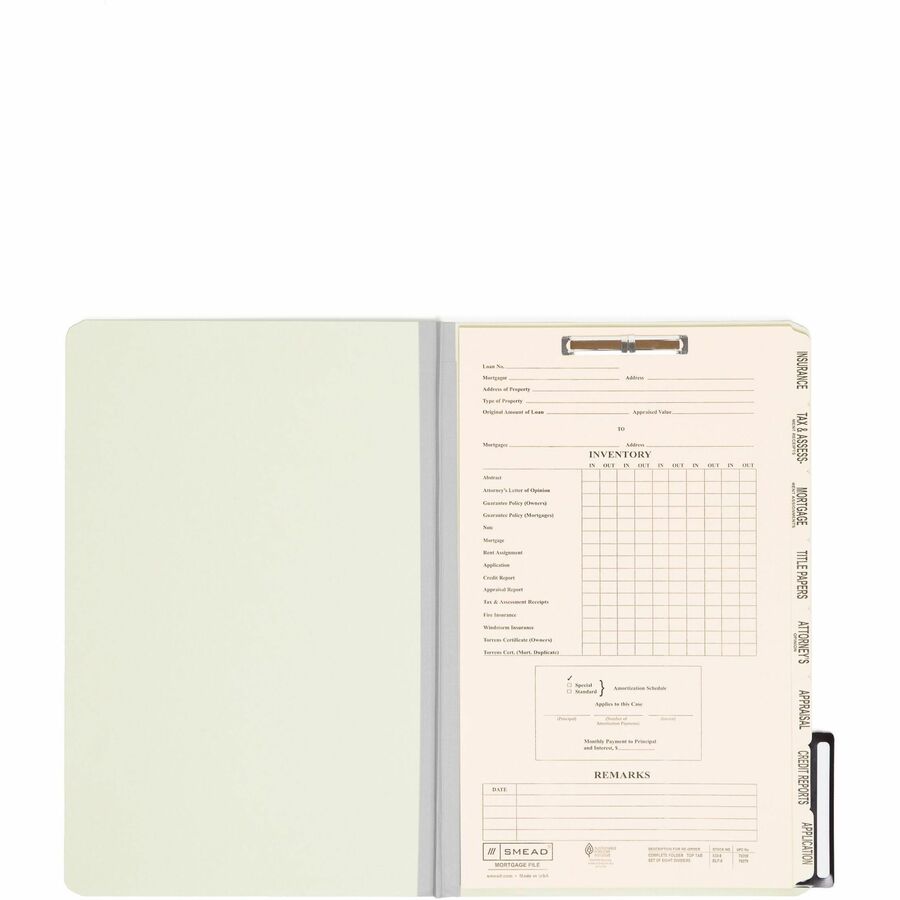 Pressboard Mortgage Folders, 1" Expansion, 8 Dividers, 1 Fastener, Legal Size, Green Exterior, 10/Box