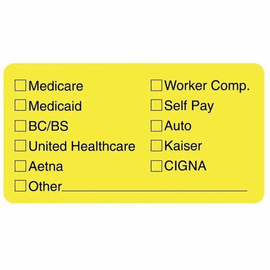 Tabbies Medical Office Insurance Check Labels - 1 3/4" Width x 3 1/4" Length - Yellow - 250 / Roll - 