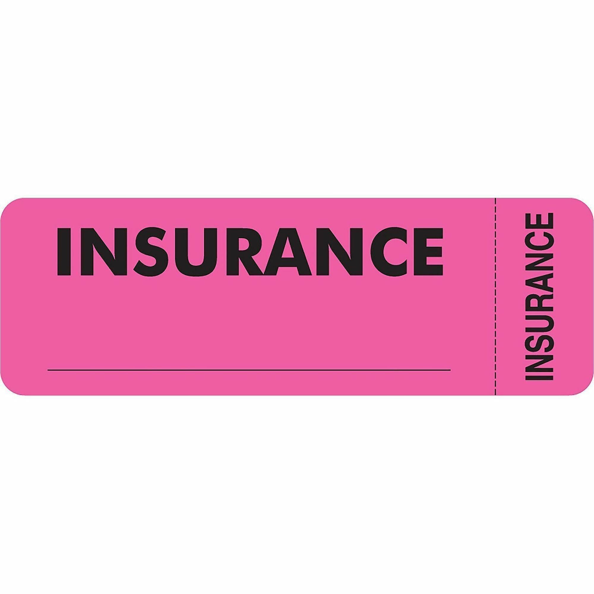 Tabbies INSURANCE Labels - 3" Width x 1" Length - Pink - 250 / Roll - 250 / Roll